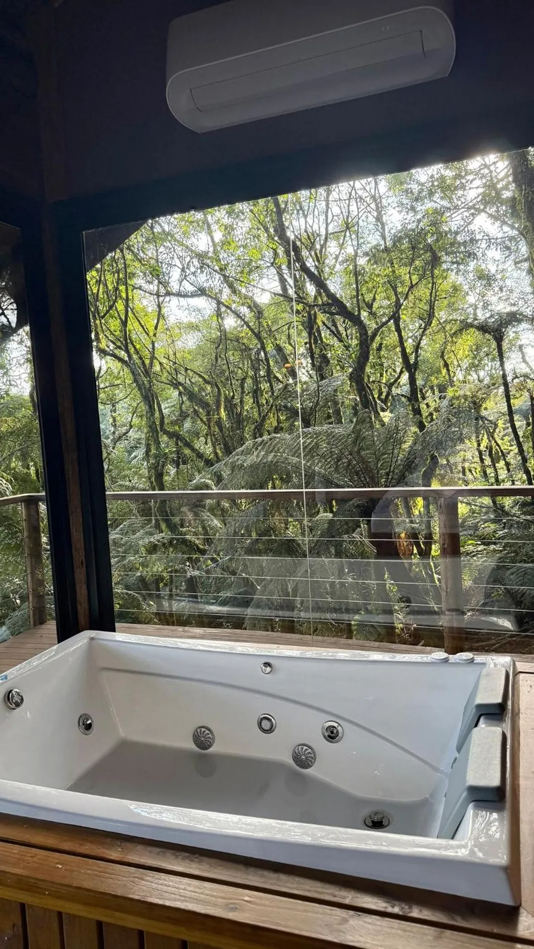 Banheira interna da Cabana Glass de frente para a mata